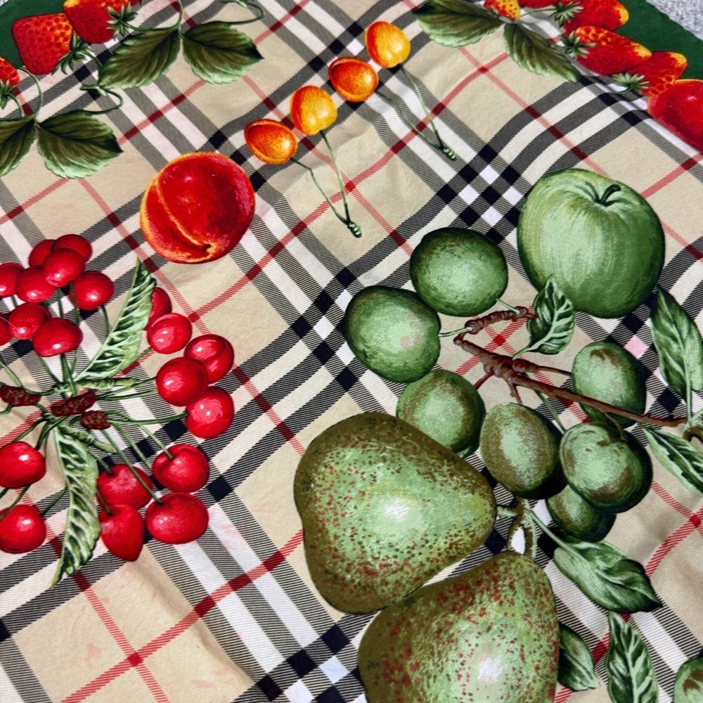 Burberry Vintage Novacheck Plaid Fruit Print Silk Scarf - Picture 6 of 8